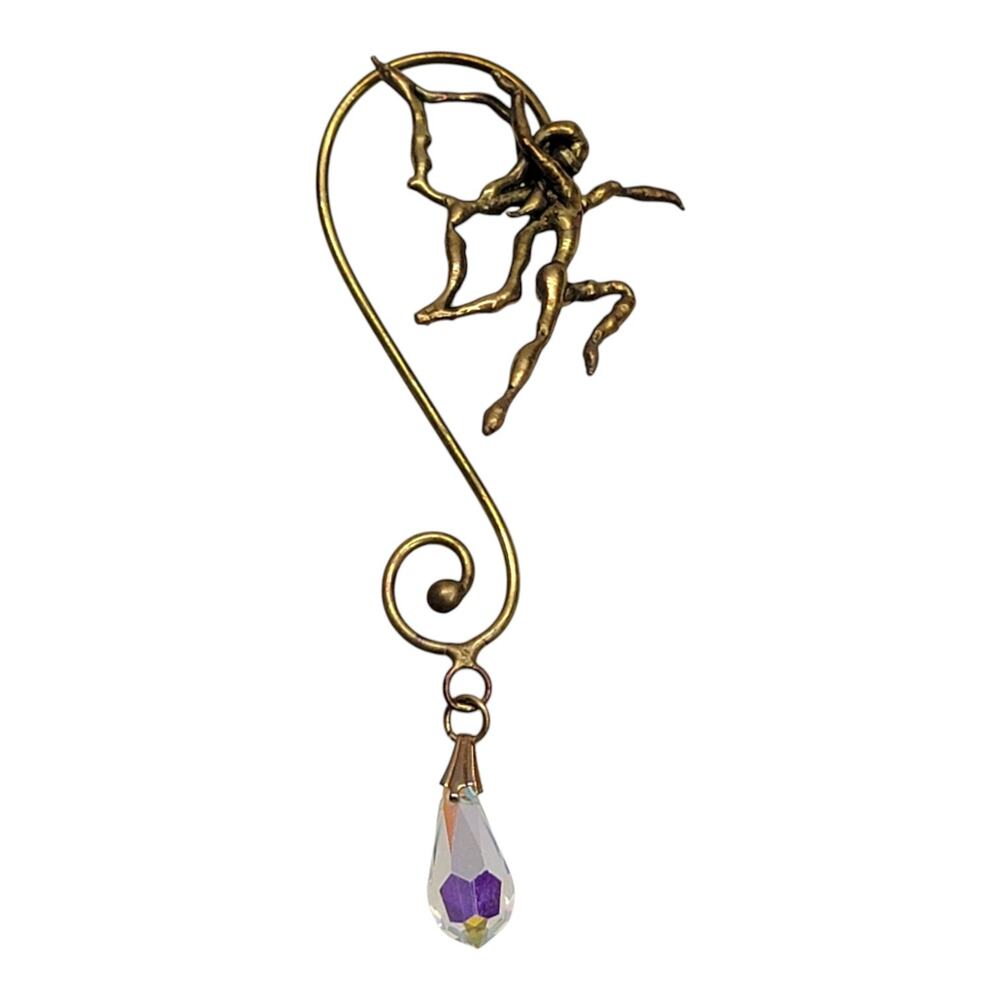Vintage Artisan Brass Fairy Nymph Ear Wrap Cuff Non Pierced Crystal Ren Faire